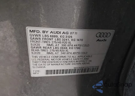 2012 Audi Q7 3.0T S Line Prestige from USA, damaged, VIN WA1AGAFE5CD001306